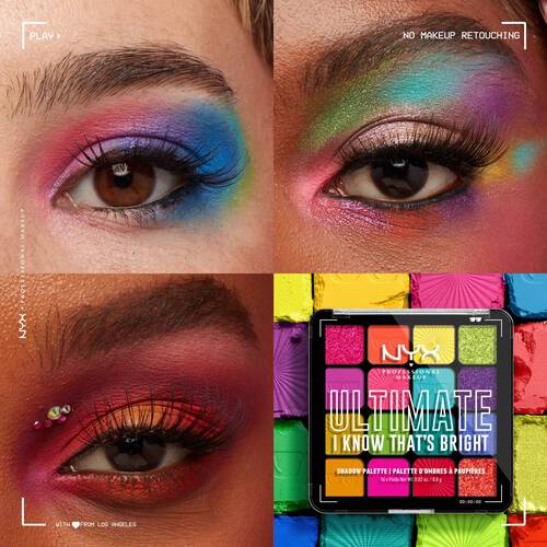 NYX PM Ultimate Shadow Palette – wariant “I know that’s bright” i kolaż zdjęć ukazujących wielokolorowe makijaże oka