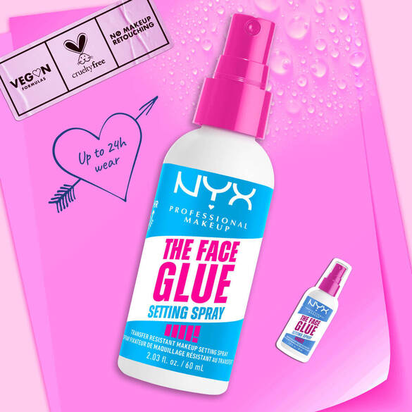 Spray do makijażu NYX The Face Glue, zapewniający trwałość do 24 godzin, wegański i nietestowany na zwierzętach.