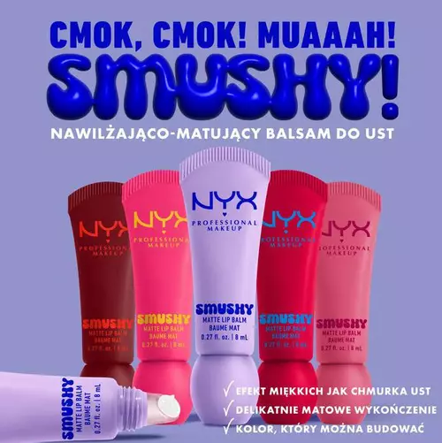 Grafika przedstawiająca rożne odcienie Smushy Matte Lip Balm od NYX PM.