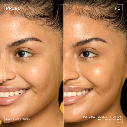Buttermelt Glaze Tint do Twarzy z SPF 30 odcień Praline Butta 06W przed i po aplikacji