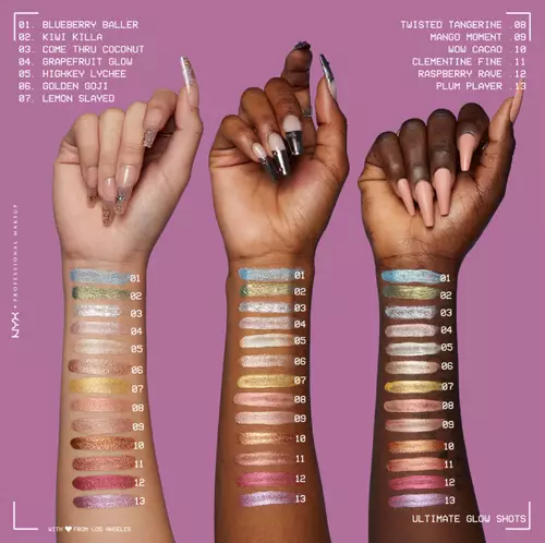 Swatche wszystkich odcieni cieni do powiek w płynie NYX Professional Makeup Ultimate Glow Shots