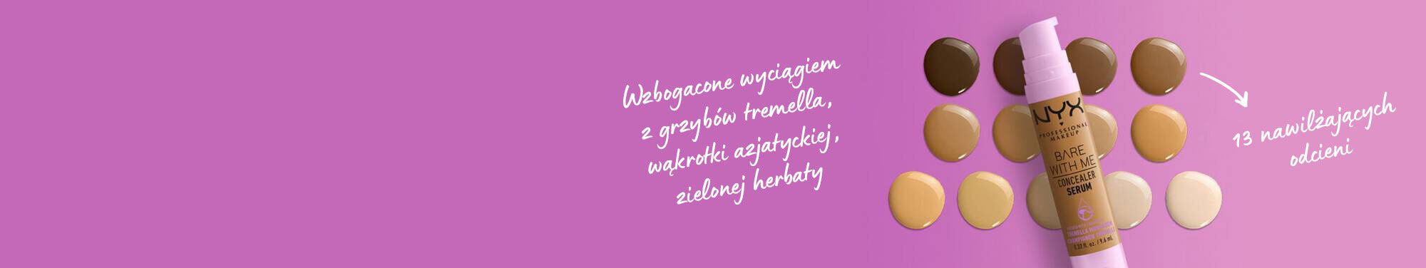 Tekst na fioletowym tle: Wzbogacone wyciągiem z grzybow tremella, wąkrotki azjatyckiej, zielonej herbaty.