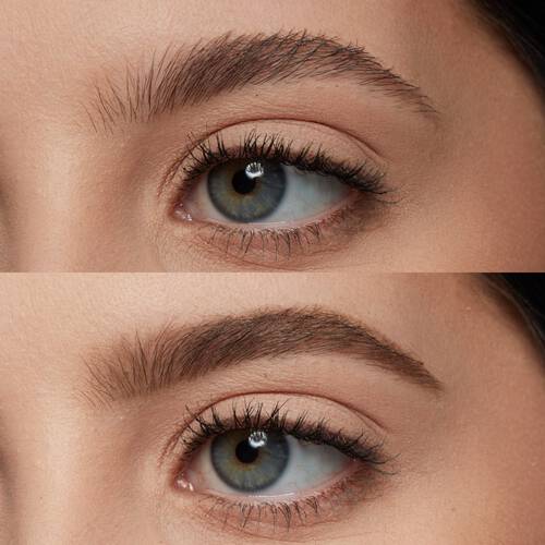 Porownanie łuku brwiowego u kobiety przed i po pudrowaniu rzęs