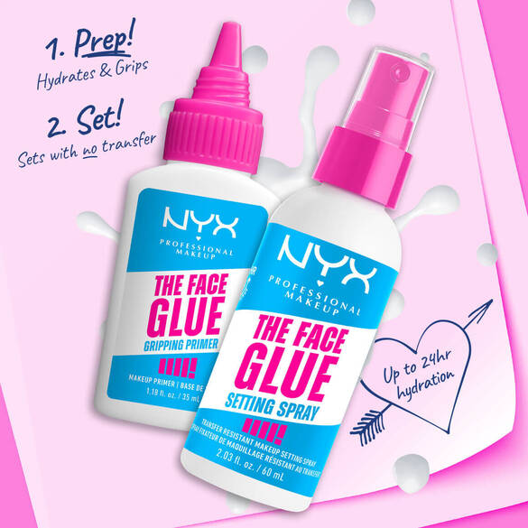 Dwa produkty NYX: Baza do makijażu i spray utrwalający, zapewniające długotrwałe nawilżenie i trwałość makijażu.