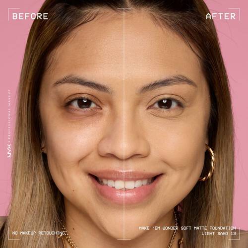 Twarz młodej kobiety przed aplikacją podkładu i po aplikacji Make 'Em Wonder NYX Professional Makeup