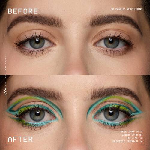 Epic Inky Stix Kremowo-Żelowy Eyeliner NYX PM przed i po aplikacji makijażu oka