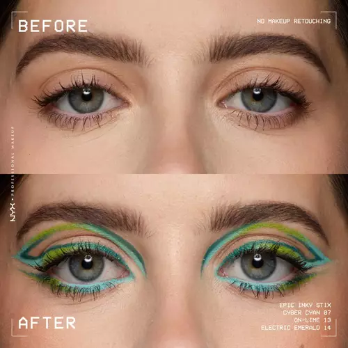 Epic Inky Stix Kremowo-Żelowy Eyeliner NYX PM przed i po aplikacji makijażu oka