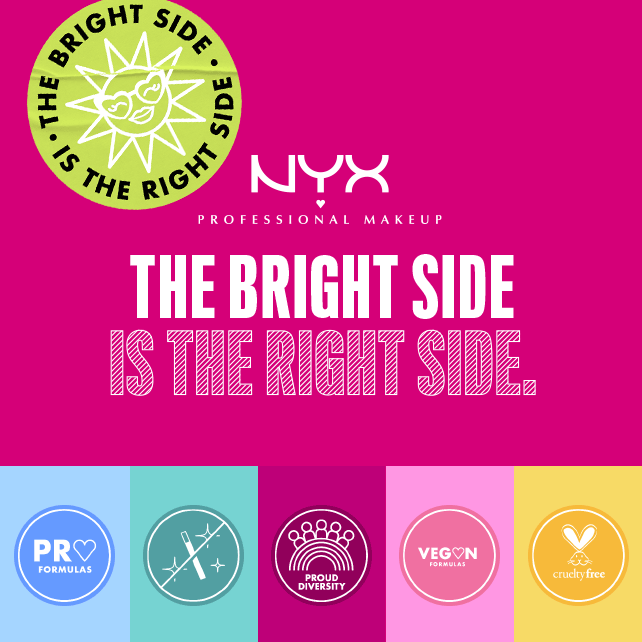 Logo NYX Professional Makeup z hasłem 'Jasna strona jest właściwą stroną', z kolorowymi ikonami produktow.
