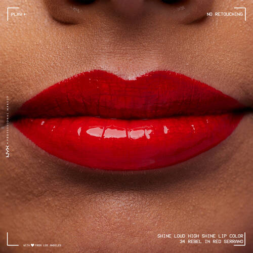 Usta pomalowane pomadką do ust NYX PM Shine Loud High Shine Lip Color 34 Rebel in Red Serrano