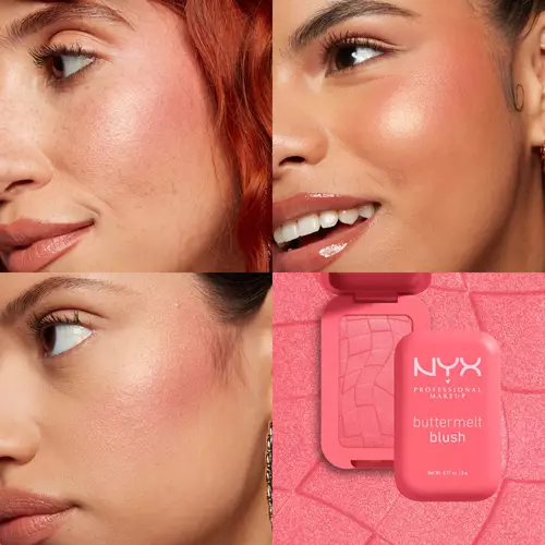 NYX PM roż do twarzy Buttermelt Blush – kolaż zdjęć pokazujących efekt na policzku