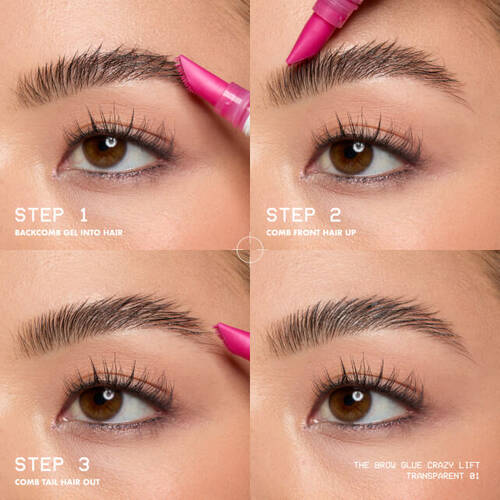 Grafika ukazująca, jak krok po kroku stosować żel do brwi NYX PM The Brow Glue Crazy Lift