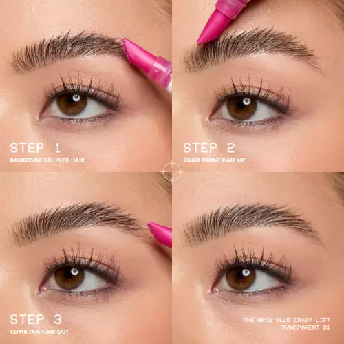 Grafika ukazująca, jak krok po kroku stosować żel do brwi NYX PM The Brow Glue Crazy Lift