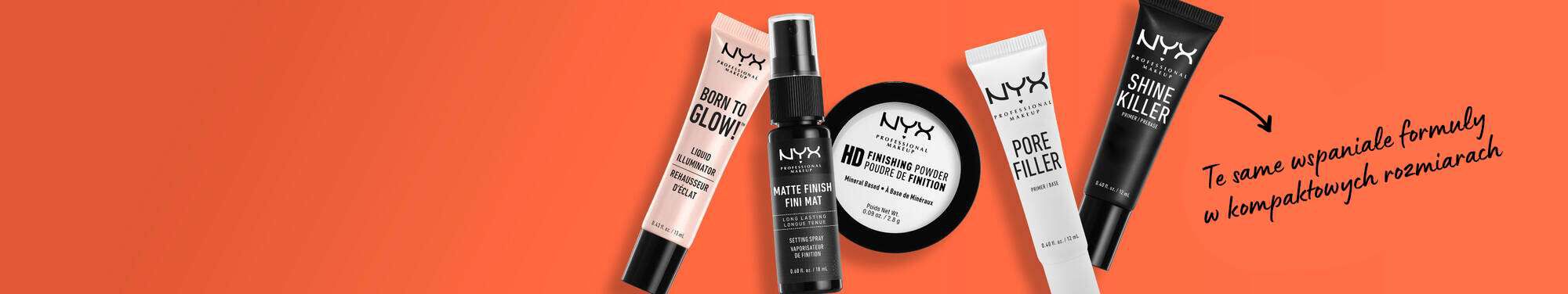 Kosmetyki NYX PM: rozświetlacz, spray matujący, puder wykończeniowy na pomarańczowym tle.
