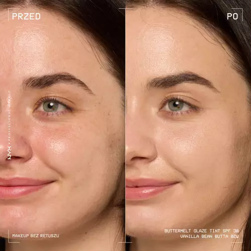 Rozpromieniona twarz młodej kobiety o jasnej karnacji przed i po aplikacji Buttermelt Glaze Tintu do Twarzy z SPF 30