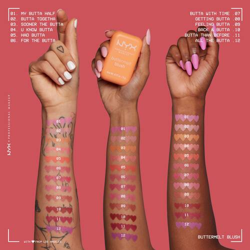 Swatche wszystkich odcieni rożu Buttermelt NYX Professional Makeup