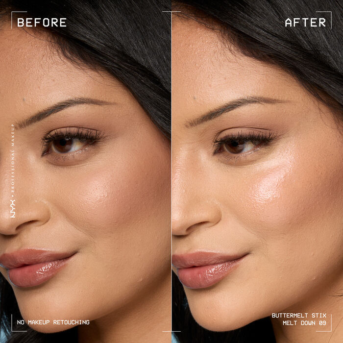 A side view of a model's face showing before and after results of using Buttermelt Stix in shade 09 Melt Down