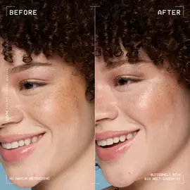 A side view of a model's face showing before and after results of using Buttermelt Stix in shade 01 Big Melt Energy