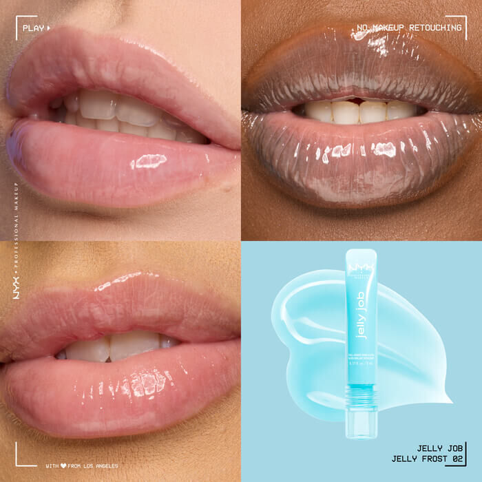 Quadrant showing Jelly Job lip macros on three models of fair, deep, medium skin tones and the product solider with swatch behind the hex code color in shade 02 Jelly Frost