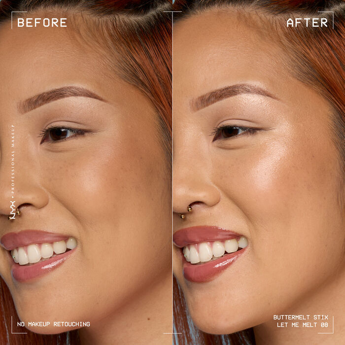 A side view of a model's face showing before and after results of using Buttermelt Stix in shade 08 Let Me Melt