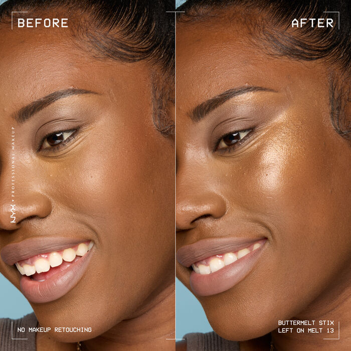 A side view of a model's face showing before and after results of using Buttermelt Stix in shade 13 Left On Melt