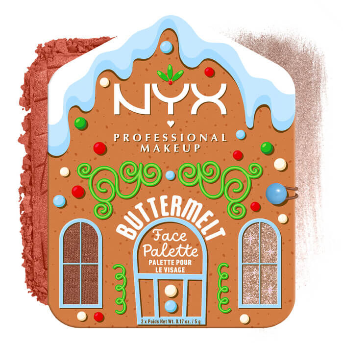 Pojedyncza paleta „Buttermelt Face Palette” (pudełko w kształcie piernikowego domku) obok małego fragmentu jej zawartości w odcieniu 02 Deep
