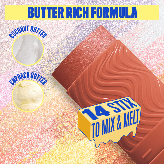 Buttermelt Stix product shown with various swatch textures as the background focusing on the coconut butter and cupuacu butter ingredients in shade 07 That's On Melt