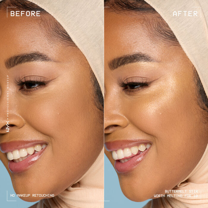 A side view of a model's face showing before and after results of using Buttermelt Stix in shade 10 Worth Melting For
