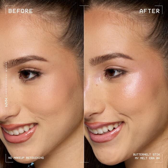 A side view of a model's face showing before and after results of using Buttermelt Stix in shade 04 My Melt Era