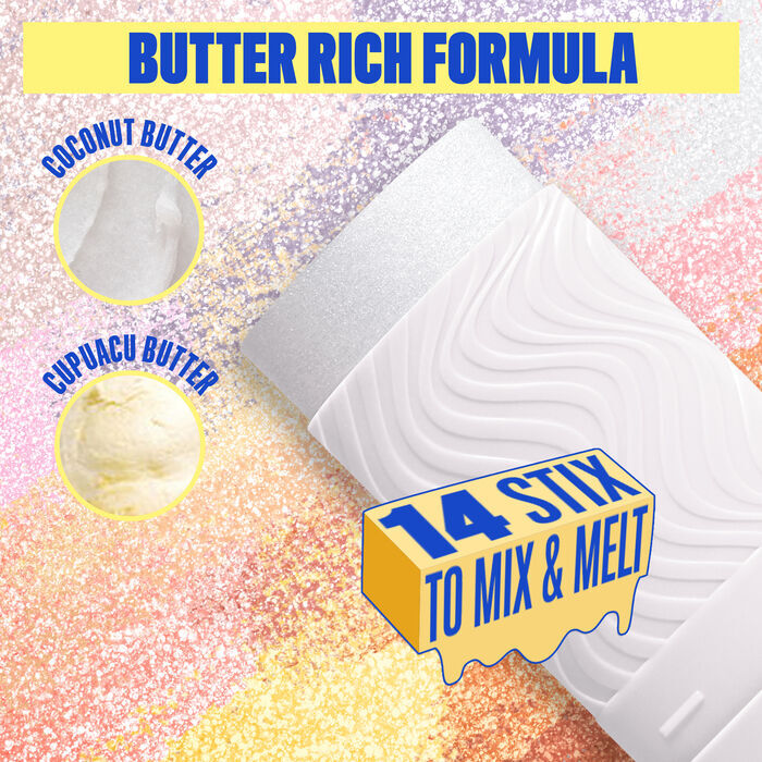 Buttermelt Stix product shown with various swatch textures as the background focusing on the coconut butter and cupuacu butter ingredients in shade 03 That's So Melt