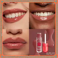 Siatka ust w trzech odcieniach prezentująca błyszczące wykończenie na rożnych odcieniach skory z produktem Holiday Gum Drop Gloss NYX Professional Makeup nałożonym w odcieniu 01 Hydra Honey