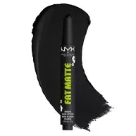 NYX Professional Makeup Party Animals Fat Matte Smooth Color Lipstick in Fatal Pout, shown with a deep black matte lipstick swatch.