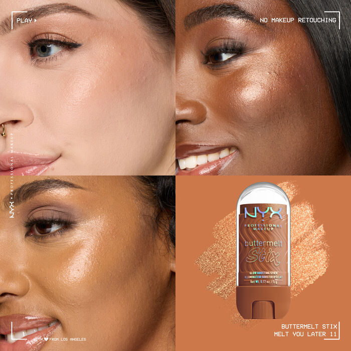 Quadrant showing Jelly Job lip macros on three models of fair, deep, medium skin tones and the product solider with swatch behind the hex code color in shade 11 Melt You Later