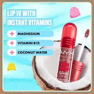 Kokos, ikony witamin w otoczeniu wody wody z tekstem dotyczącym produktu Holiday Gum Drop Gloss NYX Professional Makeup: „With Instant Vitamins – Magnesium, Vitamin B12, Coconut Water” w odcieniu 01 Hydra Honey