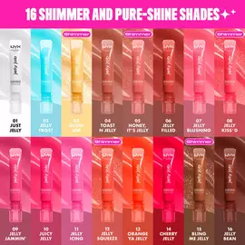 NYX Jelly Job gloss tubes in 16 shimmer and shine shades, arranged in 2 rows. Shades include clear, blue, champagne, rose, and deeper berry tones. Each is labeled with a shade name and number. Title reads: "16 shimmer and pure-shine shades."
