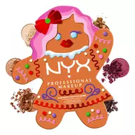 Zamknięta paleta NYX Professional Makeup Holiday Gingerbaddie otoczona rozproszonymi sypkimi pigmentami cieni do powiek, ktore są odcieniami z palety.
