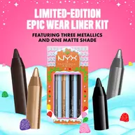 Grafika przedstawia opakowanie zestawu NYX Professional Makeup Holiday Epic Wear Liner Stick Kit. Tekst wskazuje, że zawiera on „TRZY METALICZNE ODCIENIE I JEDEN MATOWY”. Cztery kredki do oczu (czarna, srebrna, złota i brązowa) są umiejscowione wokoł zestawu.