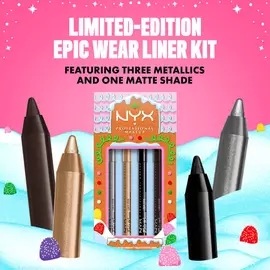 Grafika przedstawia opakowanie zestawu NYX Professional Makeup Holiday Epic Wear Liner Stick Kit. Tekst wskazuje, że zawiera on „TRZY METALICZNE ODCIENIE I JEDEN MATOWY”. Cztery kredki do oczu (czarna, srebrna, złota i brązowa) są umiejscowione wokoł zestawu.