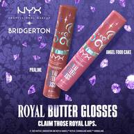 Dwa błyszczyki NYX PM Bridgerton Royal Butter Gloss – brązowy i rożowo-nudowy, na fioletowym tle w stylu Bridgerton. Napis: „CLAIM THOSE ROYAL LIPS!”.