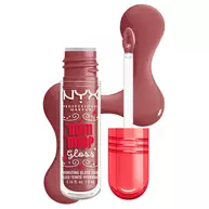 Opakowanie błyszczyka NYX Professional Makeup Holiday Gum Drop Gloss pokazana z otwartym aplikatorem i probką czerwonego, cukierkowego odcienia obok w odcieniu 01 Hydra Honey