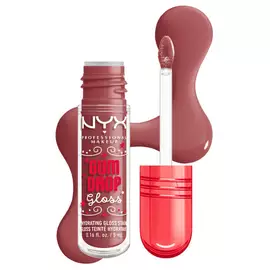 Opakowanie błyszczyka NYX Professional Makeup Holiday Gum Drop Gloss pokazana z otwartym aplikatorem i probką czerwonego, cukierkowego odcienia obok w odcieniu 01 Hydra Honey