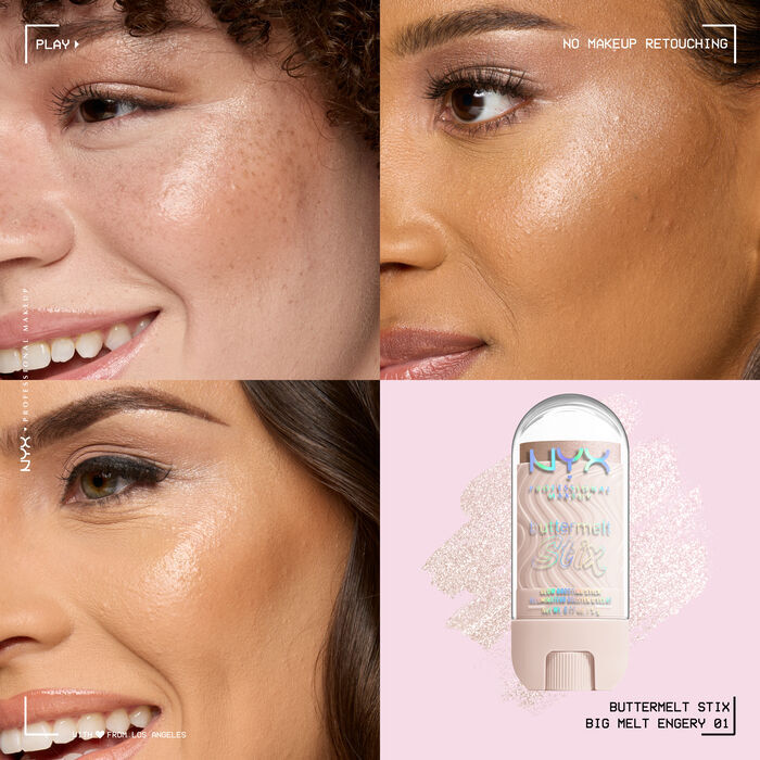 Quadrant showing Buttermelt Stix cheek macros on three models of fair, deep, medium skin tones and the product solider with swatch behind the hex code color in shade 01 Big Melt Energy
