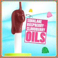 Features a stylized visual of a large, brown, chocolate-like drip descending from an applicator, set against a light blue background. Text highlights key ingredients: "SQUALANE," "RASPBERRY," and "CLOUDBERRY OILS."