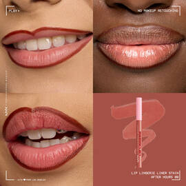 Quadrant showing Lip Lingerie Lip Liner Stain on three models of fair, deep, medium skin tones and the product solider with swatch behind the hex code color in shade 08 After Hours