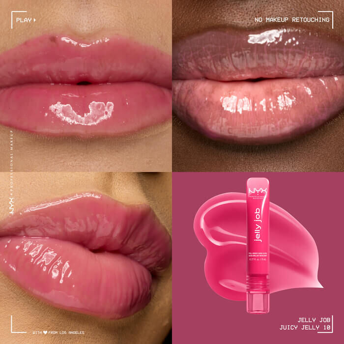 Quadrant showing Jelly Job lip macros on three models of fair, deep, medium skin tones and the product solider with swatch behind the hex code color in shade 10 Juicy Jelly