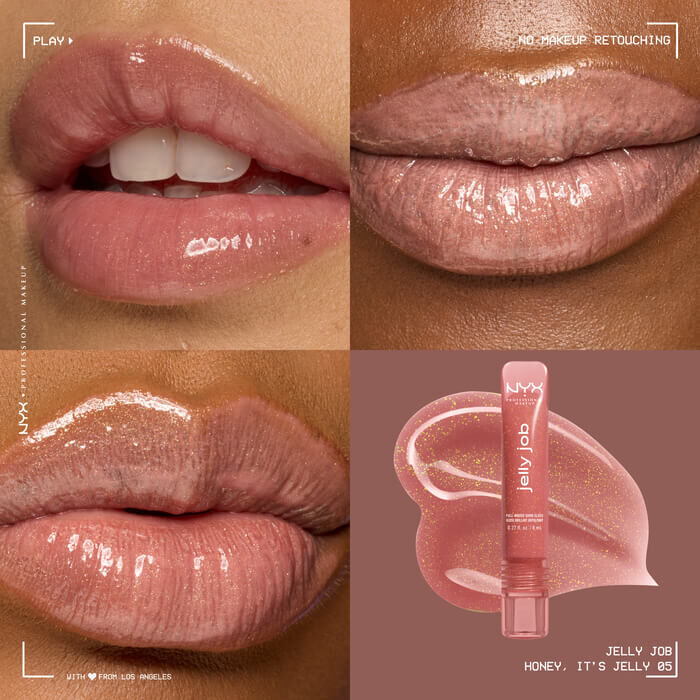 Quadrant showing Jelly Job lip macros on three models of fair, deep, medium skin tones and the product solider with swatch behind the hex code color in shade 05 Honey It's Jelly