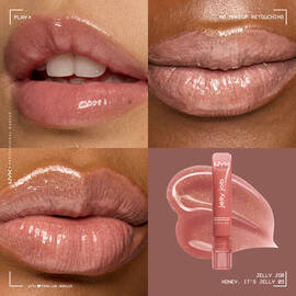 Quadrant showing Jelly Job lip macros on three models of fair, deep, medium skin tones and the product solider with swatch behind the hex code color in shade 05 Honey It's Jelly