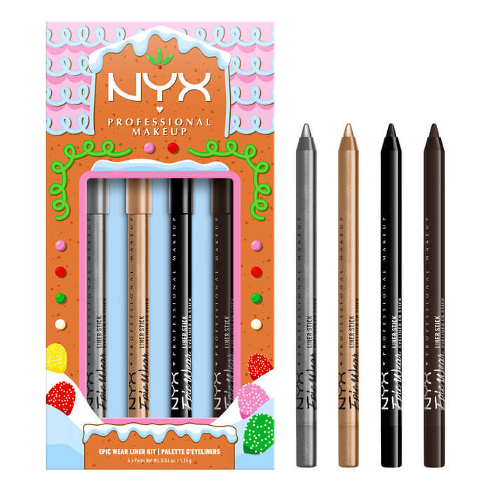 Grafika przedstawia opakowanie zestawu NYX Professional Makeup Holiday Epic Wear Liner Stick Kit oraz cztery osobne kredki do oczu wyjęte z zestawu, dzięki czemu można wyraźnie zobaczyć każdy kolor.