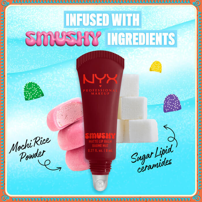 Pojedynczy produkt z zestawu Holiday Smushy Kit. Widoczne hasło "infused with smushy ingredients: mochi rice powder, suger lipid ceramides"