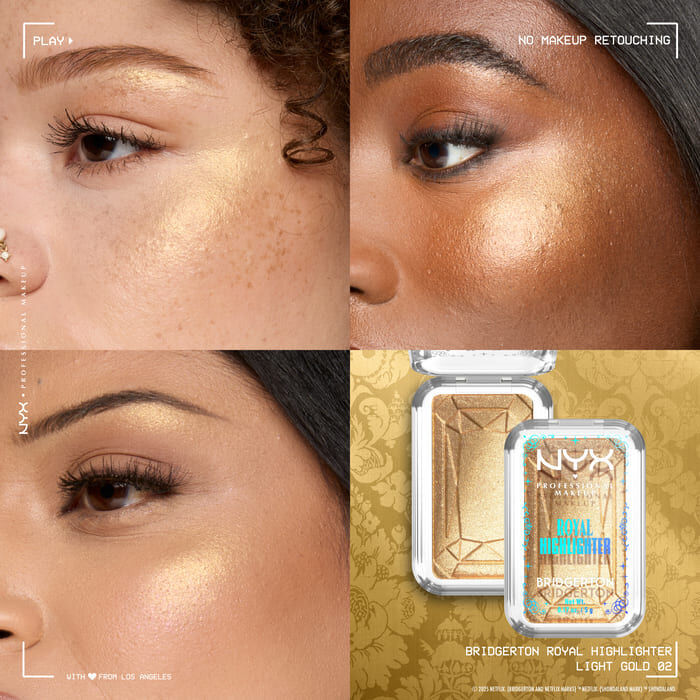 Trzy modelki o rożnych odcieniach skory z rozświetlaczem NYX PM Bridgerton Royal Highlighter. W prawym dolnym rogu otwarte opakowanie rozświetalacza w odcieniu 02 Light Gold. 