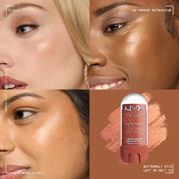 Quadrant showing Jelly Job lip macros on three models of fair, deep, medium skin tones and the product solider with swatch behind the hex code color in shade 13 Left On Melt